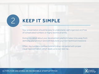 15 TIPS FOR CREATING AN INCREDIBLE STARTUP PITCH
2 KEEP IT SIMPLE
Your presentation should be easy to understand, well org...