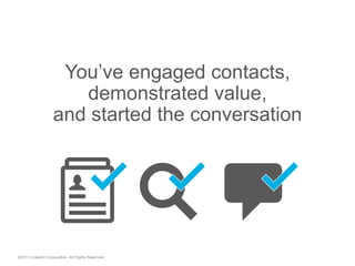 You’ve engaged contacts,
demonstrated value,
and started the conversation
©2013 LinkedIn Corporation. All Rights Reserved.
" "
 