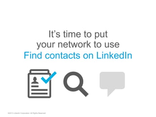 ©2013 LinkedIn Corporation. All Rights Reserved.
It’s time to put
your network to use
Find contacts on LinkedIn
"  "
 
