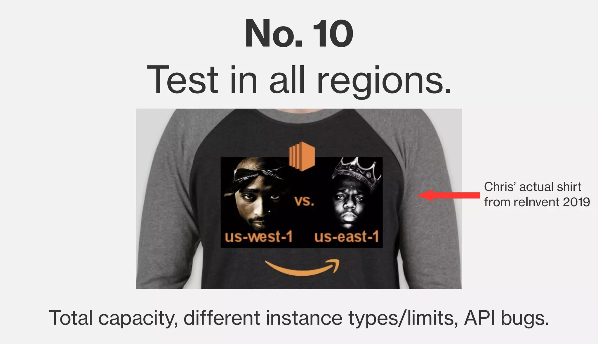 No. 10
Test in all regions.
Total capacity, different instance types/limits, API bugs.
Chris’ actual shirt
from reInvent 2019 
 