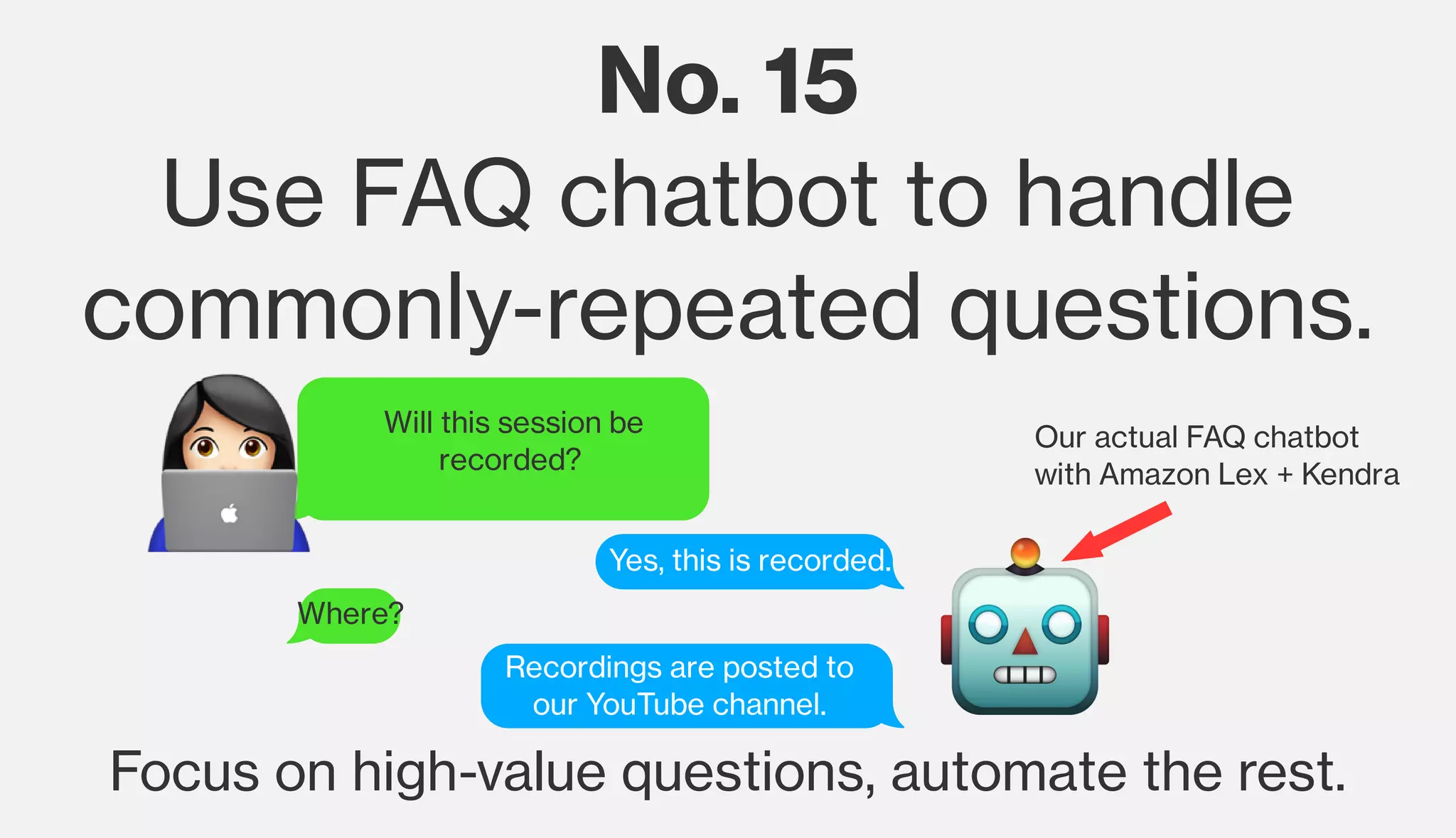 No. 15
Use FAQ chatbot to handle
commonly-repeated questions.
Focus on high-value questions, automate the rest.
Will this session be
recorded? 
Recordings are posted to
our YouTube channel.
Where?
Yes, this is recorded.
Our actual FAQ chatbot
with Amazon Lex + Kendra
 
