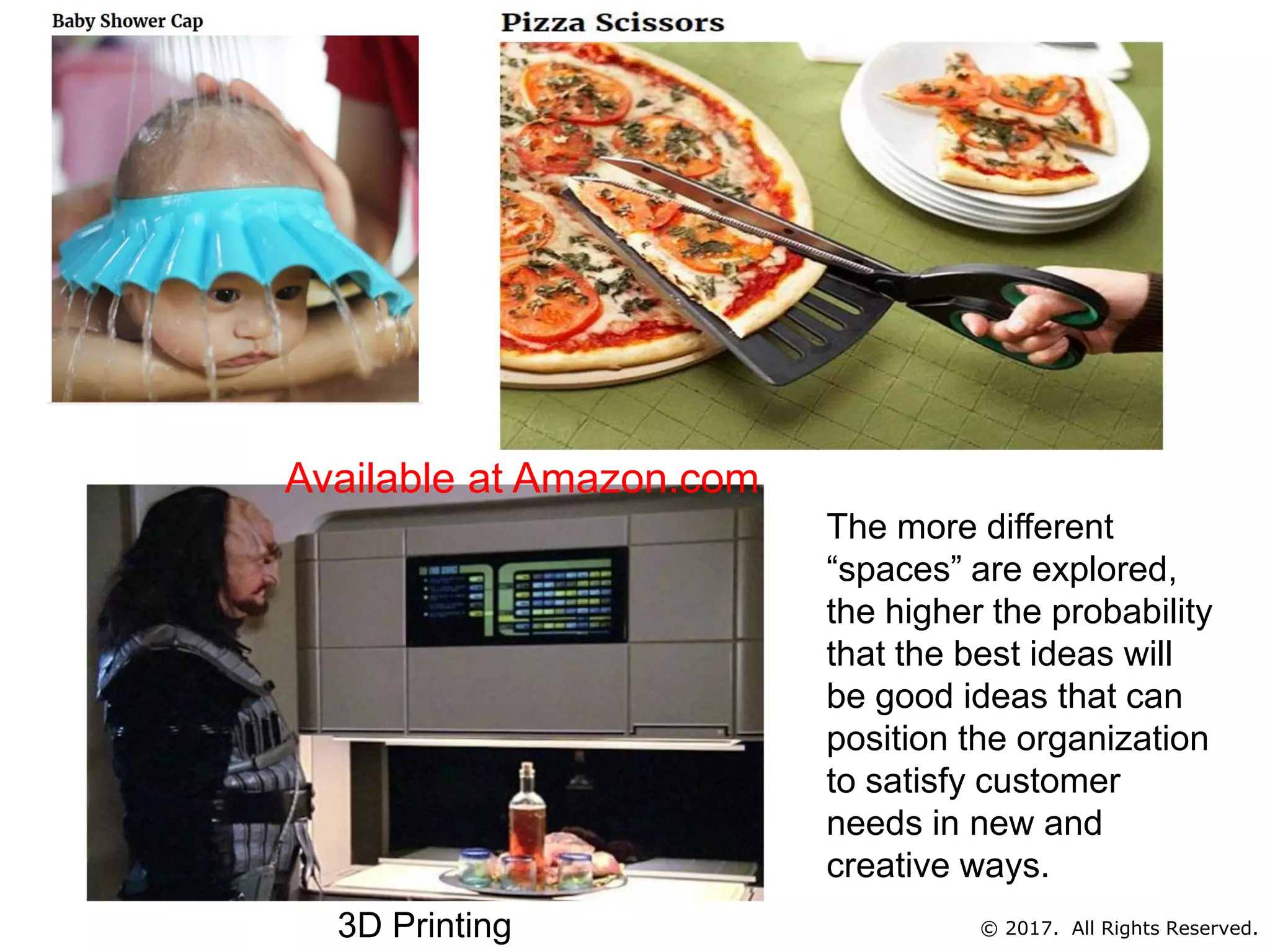 The more different
“spaces” are explored,
the higher the probability
that the best ideas will
be good ideas that can
position the organization
to satisfy customer
needs in new and
creative ways.
Available at Amazon.com
3D Printing © 2017. All Rights Reserved.
 