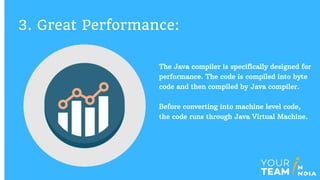 The Java compiler is specifically designed for
performance. The code is compiled into byte
code and then compiled by Java compiler.
Before converting into machine level code,
the code runs through Java Virtual Machine.
3. Great Performance:
 