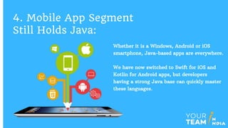 Whether it is a Windows, Android or iOS
smartphone, Java-based apps are everywhere.
We have now switched to Swift for iOS and
Kotlin for Android apps, but developers
having a strong Java base can quickly master
these languages.
4. Mobile App Segment
Still Holds Java:
 
