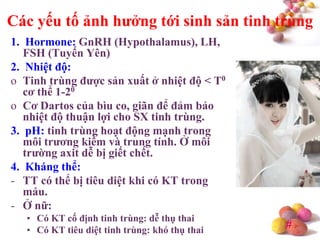 #
Các yếu tố ảnh hƣởng tới sinh sản tinh trùng
1. Hormone: GnRH (Hypothalamus), LH,
FSH (Tuyến Yên)
2. Nhiệt độ:
o Tinh trùng đƣợc sản xuất ở nhiệt độ < T0
cơ thể 1-20
o Cơ Dartos của bìu co, giãn để đảm bảo
nhiệt độ thuận lợi cho SX tinh trùng.
3. pH: tinh trùng hoạt động mạnh trong
môi trƣơng kiềm và trung tính. Ở môi
trƣờng axit dễ bị giết chết.
4. Kháng thể:
- TT có thể bị tiêu diệt khi có KT trong
máu.
- Ở nữ:
• Có KT cố định tinh trùng: dễ thụ thai
• Có KT tiêu diệt tinh trùng: khó thụ thai
 