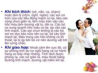 #
• Khi kích thích: (sờ, nắn, va, chạm)
hoặc tâm lý (nhìn, nghĩ, nghe): các sợi cơ
trơn của các tiểu động mạch co lại, kéo các
vòng chun giãn ra, làm máu tràn vào các
hốc máu,làm dương vật to, dài ra. Các bó
cơ xung quanh hốc máu co lại, ép vào các
tĩnh mạch. Các sợi chun không bị các bó
sợi cơ dọc kéo nữa nên co lại, bịt các tĩnh
mạch lại, Máu trong các hốc không có lối
thoát, lại bị ép bởi bó cơ nên dương vật trở
lên cứng chắc.
• Khi giao hợp: khoái cảm lên cực độ, có
sự phóng tinh do cơ ngồi hang và cơ hành
hang co bóp nhịp nhàng. Tinh dịch được
phóng ra, các cơ giãn ra, máu thoát bằng
đường tĩnh mạch, dương vật mềm trở lại.
 