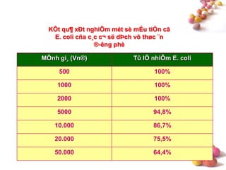 #
KÕt qu¶ xÐt nghiÖm mét sè mÉu tiÒn cã
E. coli cña c¸c c¬ së dÞch vô thøc ¨n
®-êng phè
MÖnh gi¸ (Vn®) Tû lÖ nhiÔm E. coli
500 100%
1000 100%
2000 100%
5000 94,8%
10.000 86,7%
20.000 75,5%
50.000 64,4%
 