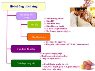 #
Hội chứng thích ứng
Phản ứng báo
động
Pha sốc
Pha chống sốc
Giai đoạn sung kiệt
Giai đoạn đề kháng
o Giảm trƣơng lực cơ
o Giảm HA
o Giảm thân nhiệt
o Giảm Glucose huyết
o Cô máu, tăng tính thấm
o Tổn thƣơng loét (dạ dày) ....
o Các thay đổi ngƣợc lại
o Tăng tiết và hormone: ACTH và Corticosteroid.
o Phì đại vỏ thƣợng thận
o Hoạt hóa quá trình đồng hóa
o Tăng tân tạo Glucose.
o Cạn kiệt các nguồn dự trữ
o Teo, xuất huyết, giảm HA, giảm chuyển
hóa, giảm chức năng
 