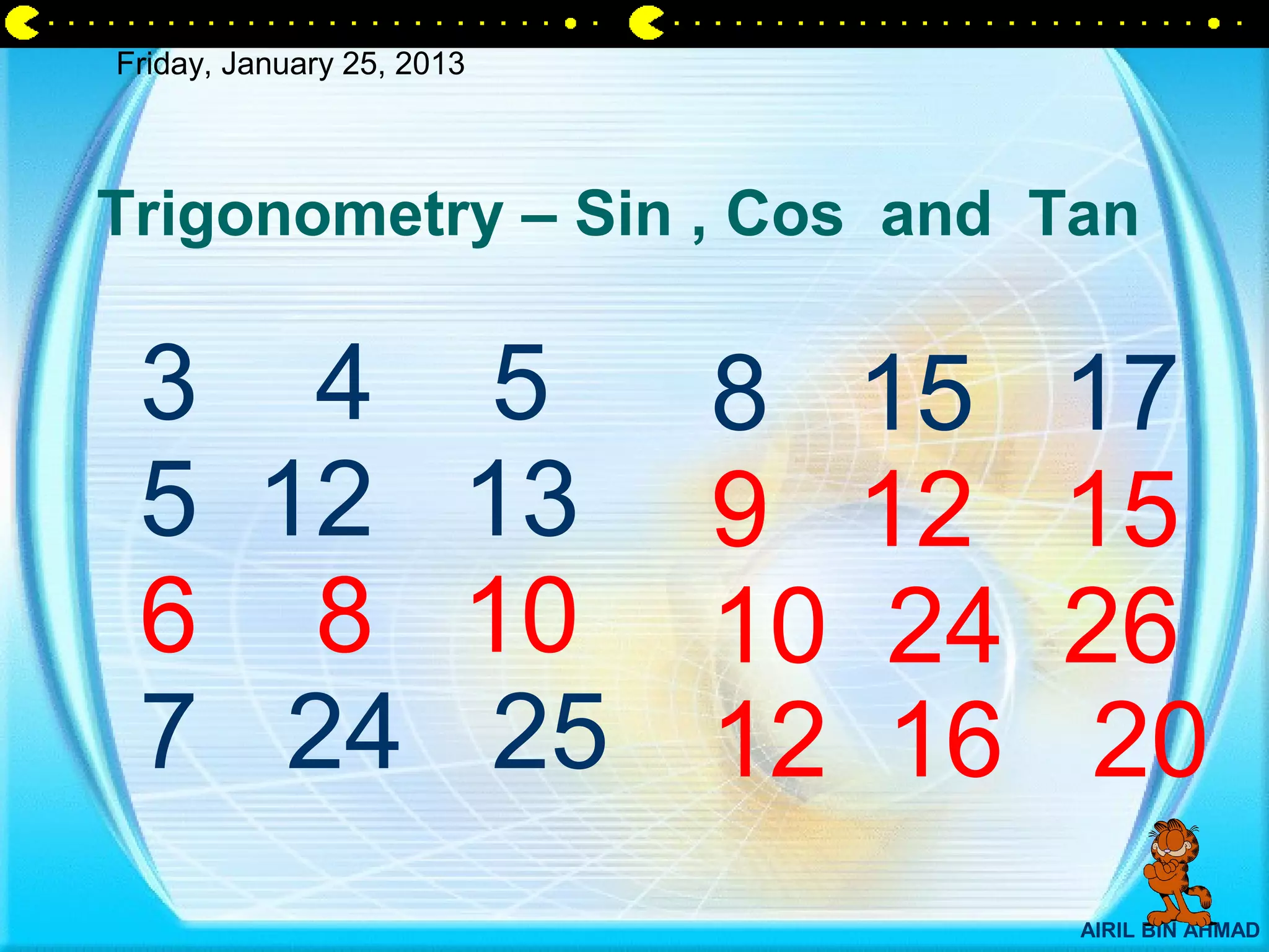Friday, January 25, 2013




Trigonometry – Sin , Cos and Tan

 3 4 5                     8 15    17
 5 12 13                   9 12    15
 6 8 10                    10 24   26
 7 24 25                   12 16   20
                                   AIRIL BIN AHMAD
 