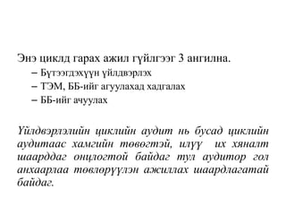 Энэ циклд гарах ажил гүйлгээг 3 ангилна.
– Бүтээгдэхүүн үйлдвэрлэх
– ТЭМ, ББ-ийг агуулахад хадгалах
– ББ-ийг ачуулах
Үйлдвэрлэлийн циклийн аудит нь бусад циклийн
аудитаас хамгийн төвөгтэй, илүү их хяналт
шаарддаг онцлогтой байдаг тул аудитор гол
анхаарлаа төвлөрүүлэн ажиллах шаардлагатай
байдаг.
 