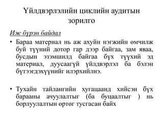 Үйлдвэрлэлийн циклийн аудитын
зорилго
Иж бүрэн байдал
• Бараа материал нь аж ахуйн нэгжийн өмчилж
буй түүний дотор гар дээр байгаа, зам яваа,
бусдын эзэмшилд байгаа бүх түүхий эд
материал, дуусаагүй үйлдвэрлэл ба бэлэн
бүтээгдэхүүнийг илэрхийлнэ.
• Тухайн тайлангийн хугацаанд хийсэн бүх
барааны ачуулалтыг (ба буцаалтыг ) нь
борлуулалтын өртөг тусгасан байх
 