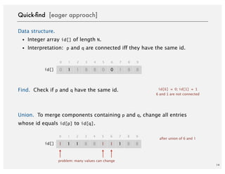 14
Data structure.
・Integer array id[] of length N.
・Interpretation: p and q are connected iff they have the same id.
Find. Check if p and q have the same id.
Union. To merge components containing p and q, change all entries
whose id equals id[p] to id[q].
after union of 6 and 1
problem: many values can change
Quick-ﬁnd [eager approach]
id[6] = 0; id[1] = 1
6 and 1 are not connected
0 1
0 1
1 8
2 3
8 0
4 5
0 1
6 7
8 8
8 9
1 1
0 1
1 8
2 3
8 1
4 5
1 1
6 7
8 8
8 9
id[]
id[]
 