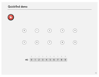 15
Quick-ﬁnd demo
0 1 2 3 4
5 6 7 8 9
0 1
0 1
2 3
2 3
4 5
4 5
6 7
6 7
8 9
8 9
id[]
 