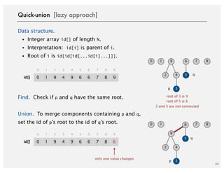 Data structure.
・Integer array id[] of length N.
・Interpretation: id[i] is parent of i.
・Root of i is id[id[id[...id[i]...]]].
Find. Check if p and q have the same root.
Union. To merge components containing p and q,
set the id of p's root to the id of q's root.
23
Quick-union [lazy approach]
0 1
0 1
9 4
2 3
9 6
4 5
6 7
6 7
8 9
8 9
id[]
3
4
70 1
9
6 8
2
only one value changes
p
q
0 1
0 1
9 4
2 3
9 6
4 5
6 7
6 7
8 6
8 9
id[]
5
3
54
70 1 9 6 8
2
p
q
root of 3 is 9
root of 5 is 6
3 and 5 are not connected
 