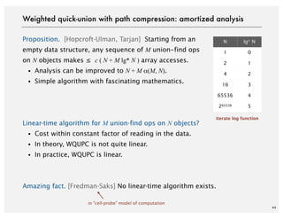 44
Proposition. [Hopcroft-Ulman, Tarjan] Starting from an
empty data structure, any sequence of M union-find ops
on N objects makes ≤ c ( N + M lg* N ) array accesses.
・Analysis can be improved to N + M α(M, N).
・Simple algorithm with fascinating mathematics.
Linear-time algorithm for M union-find ops on N objects?
・Cost within constant factor of reading in the data.
・In theory, WQUPC is not quite linear.
・In practice, WQUPC is linear.
Amazing fact. [Fredman-Saks] No linear-time algorithm exists.
N lg* N
1 0
2 1
4 2
16 3
65536 4
265536 5
Weighted quick-union with path compression: amortized analysis
iterate log function
in "cell-probe" model of computation
 
