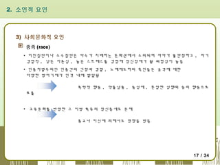 2. 소인적 요인

3) 사회문화적 요인
종족 (race)
▪ 이민집단이나 소수집단은 다수가 지배하는 문화권에서 소외되며 자아가 불안정하고 , 자기
경멸적 , 낮은 자존심 , 높은 스트레스를 경험해 정신장애가 될 위험성이 높음
▪ 인종차별주의인 인종간의 긴장과 경멸 , 노예제도하의 흑인들은 공격에 대한
다양한 방어기제가 인격 내에 발달됨
폭력적 행동 , 약물남용 , 동성애 , 혼잡한 성행위 등의 행동으로
표출
▪ 고유문화를 반영한 그 지방 특유의 정신증세도 존재
종교나 미신에 의해서도 영향을 받음

17 / 34

 