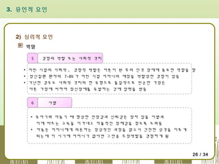 3. 유인적 요인

2) 심리적 요인
박탈
5

경험의 박탈 또는 사회적 격리

▪ 어린 시절의 사회적 , 경험적 박탈은 어른이 된 후의 인격 장애에 중요한 역할을 함
▪ 정신질환 환자의 7~8% 가 어린 시절 어머니의 애정을 박탈당한 경험이 있음
▪ 가난한 경우도 사회적 격리의 한 유형으로 물질적으로 빈곤한 가정은
다른 가정에 비하여 정신장애를 유발하는 것에 압력을 받음
6

사별

▪ 유아기와 아동기 때 형성한 안정감과 신뢰감은 장차 있을 이별과
이에 따르는 고독을 이겨내고 자율적인 정체감을 찾도록 도와줌
▪ 아동은 어머니에게 의존하는 정상적인 과정을 밝고서 건전한 성격을 이루게
되는데 이 시기에 어머니가 없다면 그만큼 모정박탈을 경험하게 됨

26 / 34

 