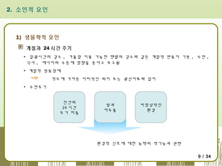 2. 소인적 요인

1) 생물학적 요인
계절과 24 시간 주기
▪ 일광시간의 감소 , 겨울철 이용 가능한 햇볕의 감소와 같은 계절적 변동이 기분 , 수면 ,
식사 , 에너지의 수준에 영향을 준다고 보고됨
▪ 계절적 정동장애
적도에 가까운 지리적인 위치 또는 광선치료와 일치
▪ 수면주기
인간의
24 시간
주기 리듬

빛과
어두움

비정상적인
환경

환경적 신호에 대한 능력의 역기능과 관련
9 / 34

 