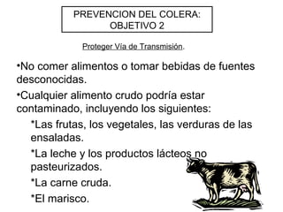•No comer alimentos o tomar bebidas de fuentes
desconocidas.
•Cualquier alimento crudo podría estar
contaminado, incluyendo los siguientes:
*Las frutas, los vegetales, las verduras de las
ensaladas.
*La leche y los productos lácteos no
pasteurizados.
*La carne cruda.
*El marisco.
PREVENCION DEL COLERA:
OBJETIVO 2
Proteger Vía de Transmisión.
 