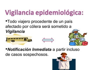 Todo viajero procedente de un país
afectado por cólera será sometido a
Vigilancia
Notificación Inmediata a partir incluso
de casos sospechosos.
 