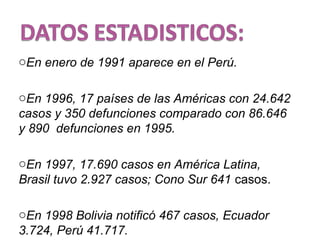 oEn enero de 1991 aparece en el Perú.
oEn 1996, 17 países de las Américas con 24.642
casos y 350 defunciones comparado con 86.646
y 890 defunciones en 1995.
oEn 1997, 17.690 casos en América Latina,
Brasil tuvo 2.927 casos; Cono Sur 641 casos.
oEn 1998 Bolivia notificó 467 casos, Ecuador
3.724, Perú 41.717.
 