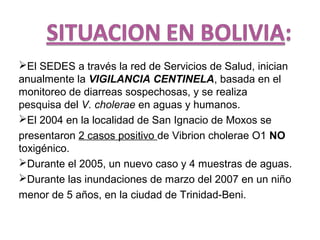 El SEDES a través la red de Servicios de Salud, inician
anualmente la VIGILANCIA CENTINELA, basada en el
monitoreo de diarreas sospechosas, y se realiza
pesquisa del V. cholerae en aguas y humanos.
El 2004 en la localidad de San Ignacio de Moxos se
presentaron 2 casos positivo de Vibrion cholerae O1 NO
toxigénico.
Durante el 2005, un nuevo caso y 4 muestras de aguas.
Durante las inundaciones de marzo del 2007 en un niño
menor de 5 años, en la ciudad de Trinidad-Beni.
 