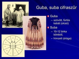 Guba, suba cifraszűrGubaszövött, fürtös kabát (olcsó)Suba10-12 birka bőréből,hímzett (drága)