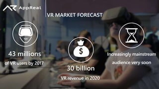 43 millions
of VR users by 2017
30 billion
VR revenue in 2020
Increasingly mainstream
audience very soon
VR MARKET FORECAST
 