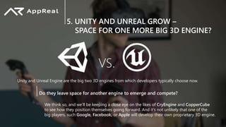 5. UNITY AND UNREAL GROW –
SPACE FOR ONE MORE BIG 3D ENGINE?
VS.
Unity and Unreal Engine are the big two 3D engines from which developers typically choose now.
Do they leave space for another engine to emerge and compete?
We think so, and we’ll be keeping a close eye on the likes of CryEngine and CopperCube
to see how they position themselves going forward. And it’s not unlikely that one of the
big players, such Google, Facebook, or Apple will develop their own proprietary 3D engine.
 