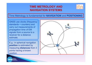 TIME METROLOGY AND
                     NAVIGATION SYSTEMS
Time Metrology is fundamental for NAVIGATION and POSITIONING

GNSS use clocks (frequency
standards + counters) and
carry out measurements of
propagation time of EM
signals from a source to a
receiver for a distance
estimate.

E.g.: in spherical navigation
position is estimated by
measuring distances from 3
points having a known
position.

   ISTITUTO
   NAZIONALE
   DI RICERCA
   METROLOGICA
 