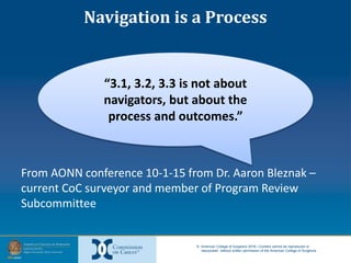 © American College of Surgeons 2016—Content cannot be reproduced or
repurposed without written permission of the American College of Surgeons.
Navigation is a Process
From AONN conference 10-1-15 from Dr. Aaron Bleznak –
current CoC surveyor and member of Program Review
Subcommittee
“3.1, 3.2, 3.3 is not about
navigators, but about the
process and outcomes.”
 
