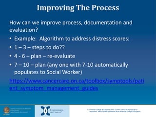 © American College of Surgeons 2016—Content cannot be reproduced or
repurposed without written permission of the American College of Surgeons.
Improving The Process
How can we improve process, documentation and
evaluation?
• Example: Algorithm to address distress scores:
• 1 – 3 – steps to do??
• 4 - 6 – plan – re-evaluate
• 7 – 10 – plan (any one with 7-10 automatically
populates to Social Worker)
https://www.cancercare.on.ca/toolbox/symptools/pati
ent_symptom_management_guides
 