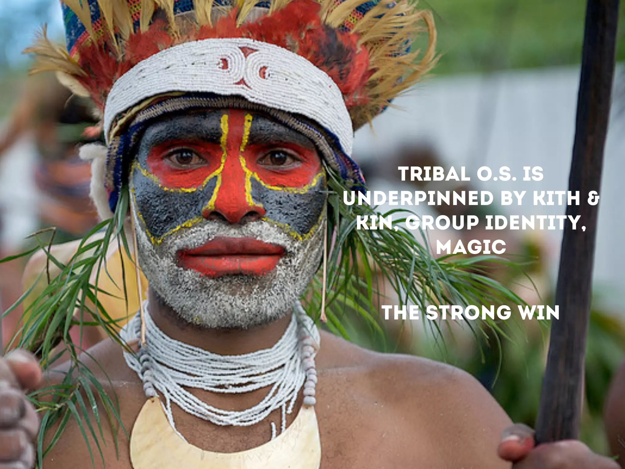 TRIBAL O.S. IS
UNDERPINNED BY KITH &
KIN, GROUP IDENTITY,
MAGIC
!
THE STRONG WIN
!
 