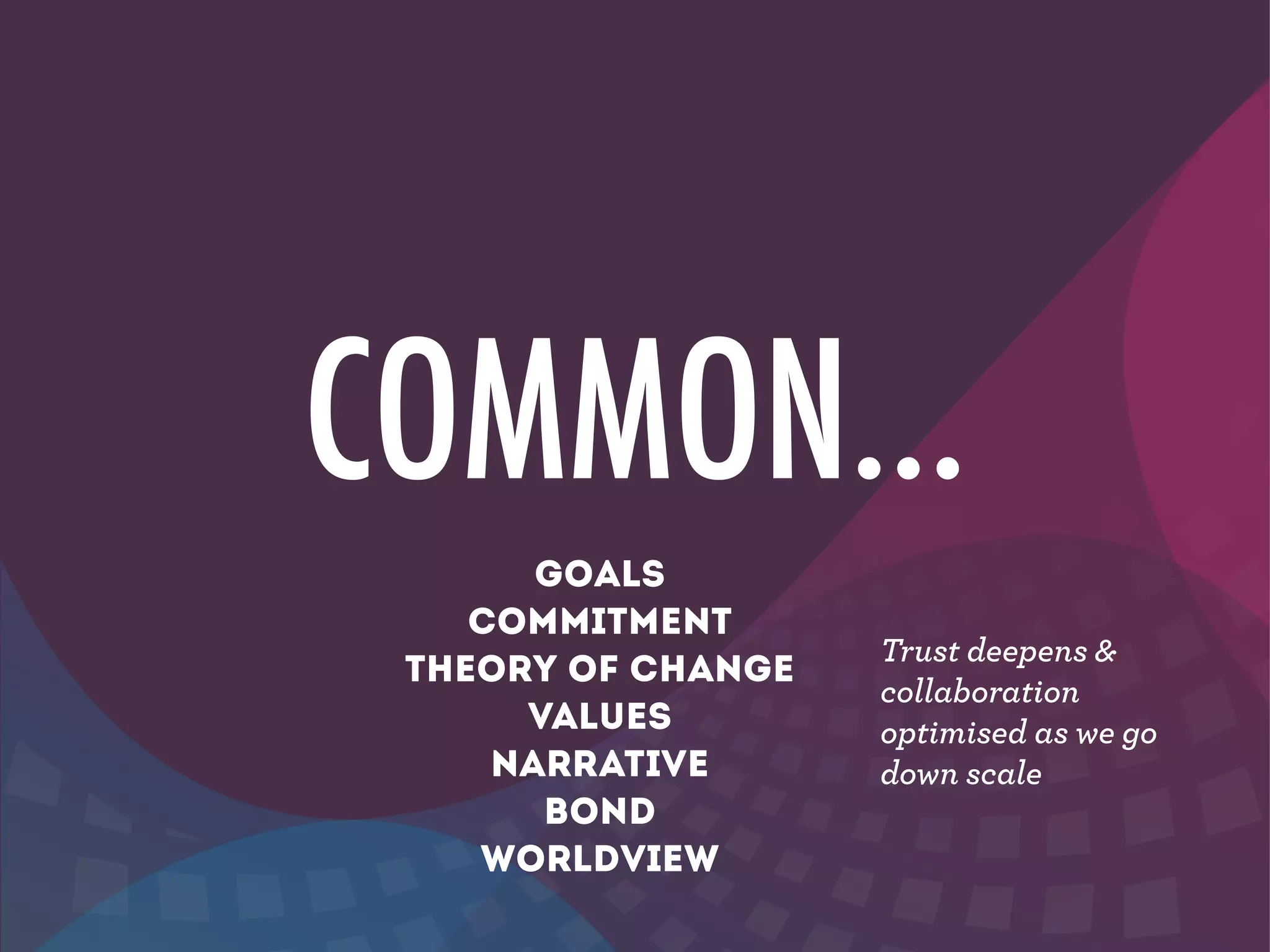 COMMON…
GOALS
commitment
THEORY OF CHANGE
VALUEs
narrative
bond
worldview
Trust deepens &
collaboration
optimised as we go
down scale
 