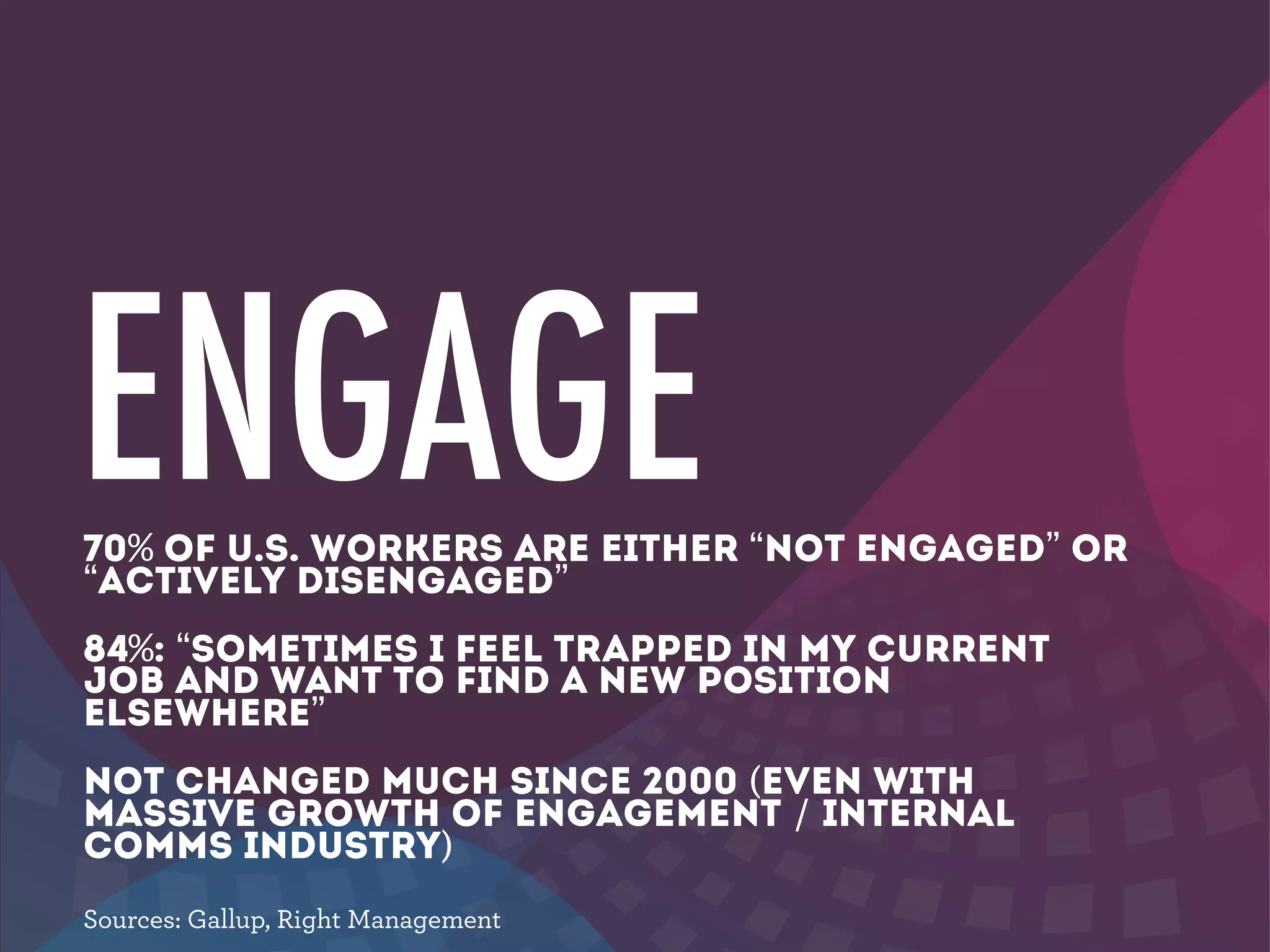 ENGAGE70% of U.S. workers are either “not engaged” or
“actively disengaged”
84%: “Sometimes I feel trapped in my current
job and want to find a new position
elsewhere”
not changed much since 2000 (even with
massive growth of engagement / internal
comms industry)
Sources: Gallup, Right Management
 