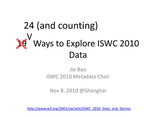 19 Ways to Explore ISWC 2010
Data
Jie Bao
ISWC 2010 Metadata Chair
Nov 8, 2010 @Shanghai
http://www.w3.org/2001/sw/wiki/ISWC_2010_Data_and_Demos
24 (and counting)
V
 