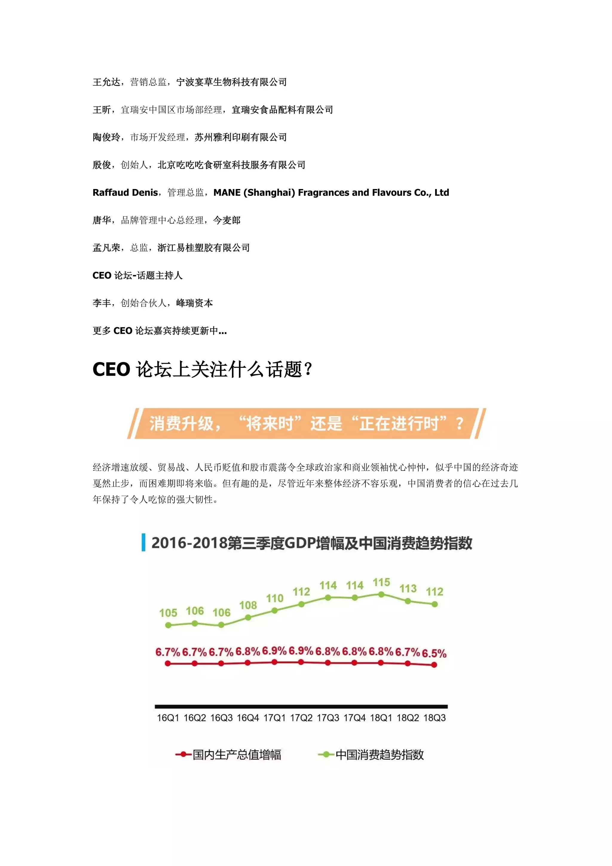王允达，营销总监，宁波宴草生物科技有限公司
王昕，宜瑞安中国区市场部经理，宜瑞安食品配料有限公司
陶俊玲，市场开发经理，苏州雅利印刷有限公司
殷俊，创始人，北京吃吃吃食研室科技服务有限公司
Raffaud Denis，管理总监，MANE (Shanghai) Fragrances and Flavours Co., Ltd
唐华，品牌管理中心总经理，今麦郎
孟凡荣，总监，浙江易桂塑胶有限公司
CEO 论坛-话题主持人
李丰，创始合伙人，峰瑞资本
更多 CEO 论坛嘉宾持续更新中...
CEO 论坛上关注什么话题？
经济增速放缓、贸易战、人民币贬值和股市震荡令全球政治家和商业领袖忧心忡忡，似乎中国的经济奇迹
戛然止步，而困难期即将来临。但有趣的是，尽管近年来整体经济不容乐观，中国消费者的信心在过去几
年保持了令人吃惊的强大韧性。
 