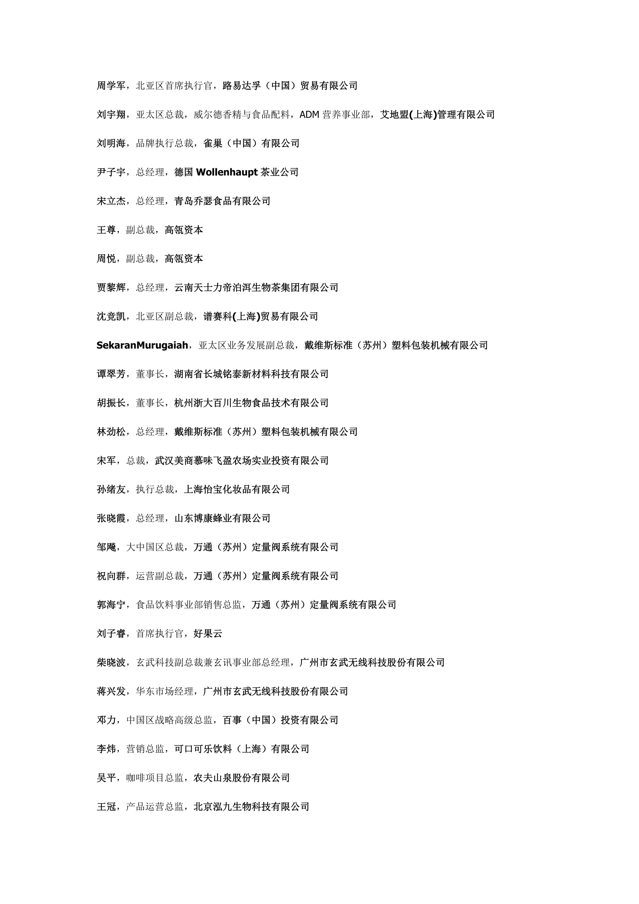 周学军，北亚区首席执行官，路易达孚（中国）贸易有限公司
刘宇翔，亚太区总裁，威尔德香精与食品配料，ADM 营养事业部，艾地盟(上海)管理有限公司
刘明海，品牌执行总裁，雀巢（中国）有限公司
尹子宇，总经理，德国 Wollenhaupt 茶业公司
宋立杰，总经理，青岛乔瑟食品有限公司
王尊，副总裁，高瓴资本
周悦，副总裁，高瓴资本
贾黎辉，总经理，云南天士力帝泊洱生物茶集团有限公司
沈竞凯，北亚区副总裁，谱赛科(上海)贸易有限公司
SekaranMurugaiah，亚太区业务发展副总裁，戴维斯标准（苏州）塑料包装机械有限公司
谭翠芳，董事长，湖南省长城铭泰新材料科技有限公司
胡振长，董事长，杭州浙大百川生物食品技术有限公司
林劲松，总经理，戴维斯标准（苏州）塑料包装机械有限公司
宋军，总裁，武汉美商慕味飞盈农场实业投资有限公司
孙绪友，执行总裁，上海怡宝化妆品有限公司
张晓霞，总经理，山东博康蜂业有限公司
邹飚，大中国区总裁，万通（苏州）定量阀系统有限公司
祝向群，运营副总裁，万通（苏州）定量阀系统有限公司
郭海宁，食品饮料事业部销售总监，万通（苏州）定量阀系统有限公司
刘子睿，首席执行官，好果云
柴晓波，玄武科技副总裁兼玄讯事业部总经理，广州市玄武无线科技股份有限公司
蒋兴发，华东市场经理，广州市玄武无线科技股份有限公司
邓力，中国区战略高级总监，百事（中国）投资有限公司
李炜，营销总监，可口可乐饮料（上海）有限公司
吴平，咖啡项目总监，农夫山泉股份有限公司
王冠，产品运营总监，北京泓九生物科技有限公司
 