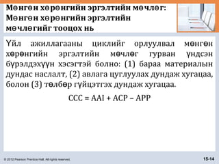 © 2012 Pearson Prentice Hall. All rights reserved. 15-14
М нг н х р нгийн эргэлтийн м чл г:ө ө ө ө ө ө
М нг н х р нгийн эргэлтийнө ө ө ө
м чл гийг тооцох ньө ө
йл ажиллагааны циклийг орлуулвал м нг нҮ ө ө
х р нгийн эргэлтийн м чл г гурван ндсэнө ө ө ө ү
б рэлдэх н хэсэгтэй болно: (1) бараа материалынү үү
дундас наслалт, (2) авлага цуглуулах дундаж хугацаа,
болон (3) т лб р г йцэтгэх дундаж хугацаа.ө ө ү
CCC = AAI + ACP – APP
 