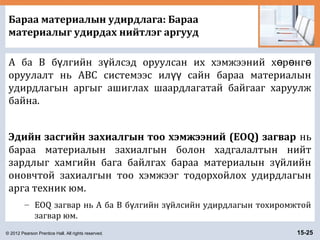 © 2012 Pearson Prentice Hall. All rights reserved. 15-25
Бараа материалын удирдлага: Бараа
материалыг удирдах нийтлэг аргууд
A ба B б лгийн з йлсэд оруулсан их хэмжээний х р нгү ү ө ө ө
оруулалт нь ABC системээс ил сайн бараа материалынүү
удирдлагын аргыг ашиглах шаардлагатай байгааг харуулж
байна.
Эдийн засгийн захиалгын тоо хэмжээний (EOQ) загвар нь
бараа материалын захиалгын болон хадгалалтын нийт
зардлыг хамгийн бага байлгах бараа материалын з йлийнү
оновчтой захиалгын тоо хэмжээг тодорхойлох удирдлагын
арга техник юм.
– EOQ загвар нь A ба B б лгийн з йлсийн удирдлагын тохиромжтойү ү
загвар юм.
 