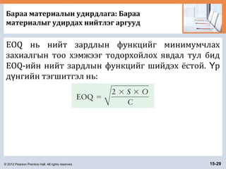 © 2012 Pearson Prentice Hall. All rights reserved. 15-29
Бараа материалын удирдлага: Бараа
материалыг удирдах нийтлэг аргууд
EOQ нь нийт зардлын функцийг минимумчлах
захиалгын тоо хэмжээг тодорхойлох явдал тул бид
EOQ-ийн нийт зардлын функцийг шийдэх ёстой. рҮ
д нгийн тэгшитгэл нь:ү
 