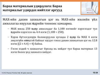 © 2012 Pearson Prentice Hall. All rights reserved. 15-34
Бараа материалын удирдлага: Бараа
материалыг удирдах нийтлэг аргууд
MAX-ийн дахин захиалгын цэг нь MAX-ийн жилийн йлү
ажиллагаа явуулах дрийн тооноос хамаарна.ө
– MAX жилд 250 д р ажилладаг ба 1,100 нэгжийг хэрэглэдэг тулө ө
дрийн хэрэглээ нь 4.4 нэгж (1,100 ÷ 250).ө
– Хэрэв б тээгдэх н боловсруулах хугацаа 2 д р ба MAX 4 нэгжү үү ө ө
аюулг йн н цтэй байхыг х сдэг гэвэл дахин захиалгын цэг нь 12.8ү өө ү
нэгж [(2 × 4.4) + 4] байна.
– Гэсэн хэдий ч захиалгыг б хэлд нь хийдэг тул бараа материал 13ү
нэгж болох ед захиалга хийдэг.ү
 