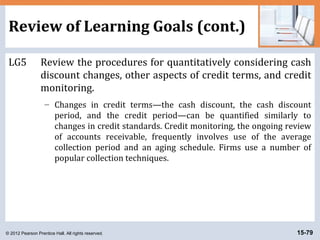 © 2012 Pearson Prentice Hall. All rights reserved. 15-79
Review of Learning Goals (cont.)
LG5 Review the procedures for quantitatively considering cash
discount changes, other aspects of credit terms, and credit
monitoring.
– Changes in credit terms—the cash discount, the cash discount
period, and the credit period—can be quantified similarly to
changes in credit standards. Credit monitoring, the ongoing review
of accounts receivable, frequently involves use of the average
collection period and an aging schedule. Firms use a number of
popular collection techniques.
 