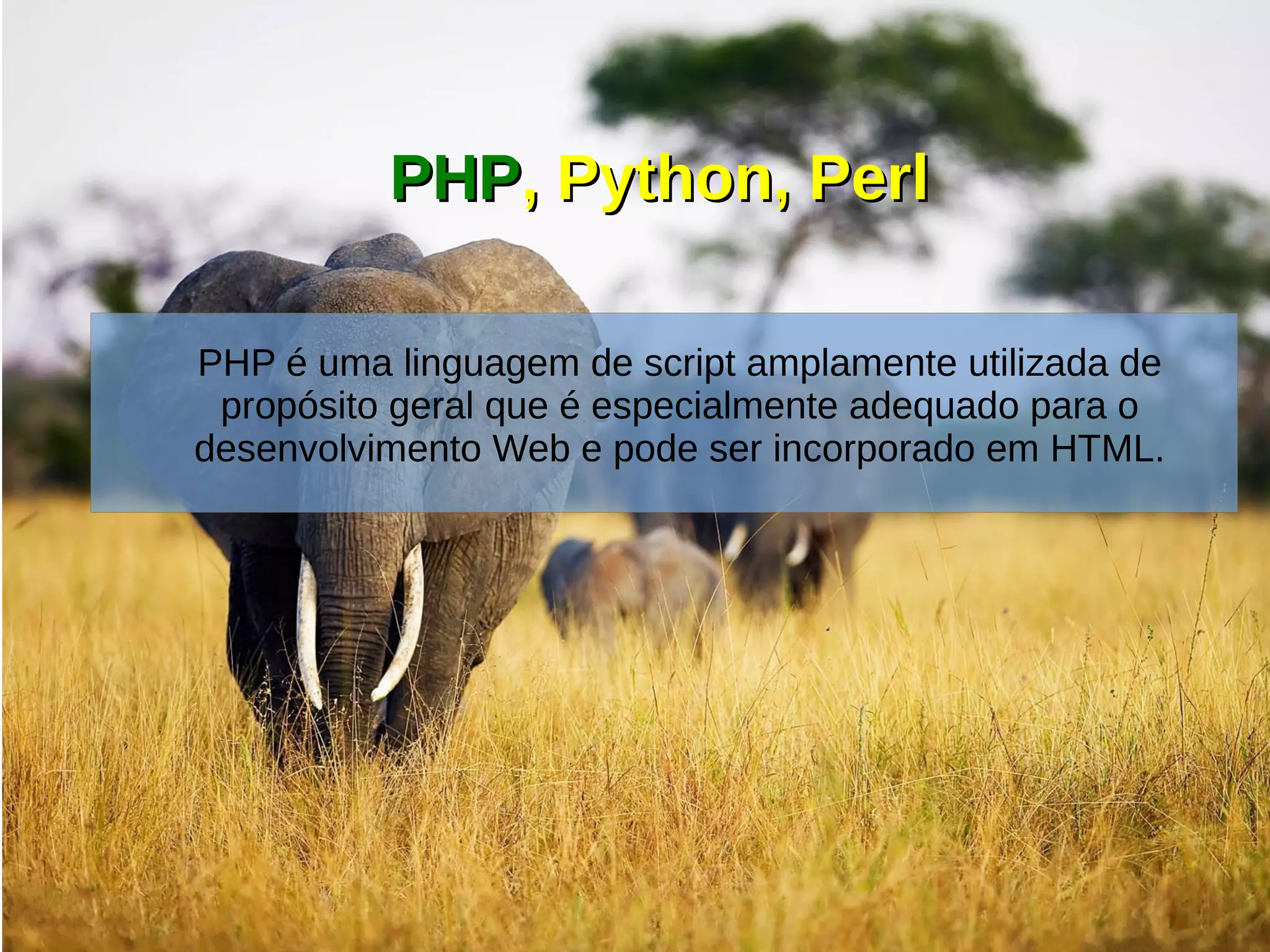 PHPPHP, Python, Perl, Python, Perl
PHP é uma linguagem de script amplamente utilizada de
propósito geral que é especialmente adequado para o
desenvolvimento Web e pode ser incorporado em HTML.
 