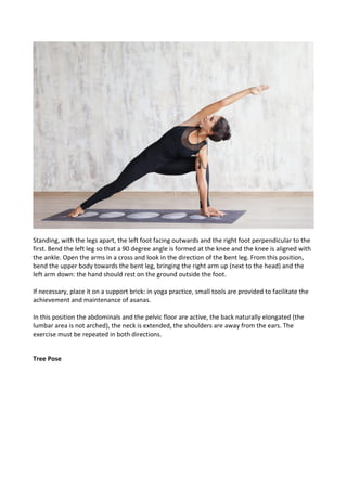 Standing, with the legs apart, the left foot facing outwards and the right foot perpendicular to the
first. Bend the left leg so that a 90 degree angle is formed at the knee and the knee is aligned with
the ankle. Open the arms in a cross and look in the direction of the bent leg. From this position,
bend the upper body towards the bent leg, bringing the right arm up (next to the head) and the
left arm down: the hand should rest on the ground outside the foot.
If necessary, place it on a support brick: in yoga practice, small tools are provided to facilitate the
achievement and maintenance of asanas.
In this position the abdominals and the pelvic floor are active, the back naturally elongated (the
lumbar area is not arched), the neck is extended, the shoulders are away from the ears. The
exercise must be repeated in both directions.
Tree Pose
 