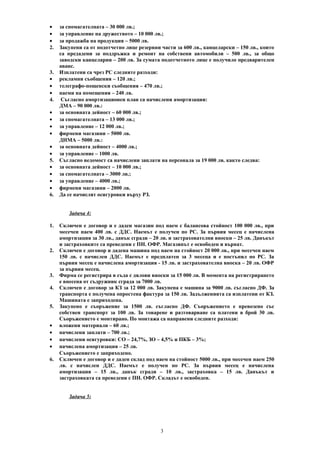 • за спомагателната – 30 000 лв.;
• за управление на дружеството – 10 000 лв.;
• за продажба на продукция – 5000 лв.
2. Закупени са от подотчетно лице резервни части за 600 лв., канцеларски – 150 лв., които
са предадени за поддръжка и ремонт на собствени автомобили – 500 лв., за общо
заводски канцеларии – 200 лв. За сумата подотчетното лице е получило предварителен
аванс.
3. Изплатени са чрез РС следните разходи:
• рекламни съобщения – 120 лв.;
• телеграфо-пощенски съобщения – 470 лв.;
• наеми на помещения – 240 лв.
4. Съгласно амортизационен план са начислени амортизации:
ДМА – 90 000 лв.:
• за основната дейност – 60 000 лв.;
• за спомагателната – 13 000 лв.;
• за управление – 12 000 лв.;
• фирмени магазини – 5000 лв.
ДНМА – 5000 лв.:
• за основната дейност – 4000 лв.;
• за управление – 1000 лв.
5. Съгласно ведомост са начислени заплати на персонала за 19 000 лв. както следва:
• за основната дейност – 10 000 лв.;
• за спомагателната – 3000 лв.;
• за управление – 4000 лв.;
• фирмени магазини – 2000 лв.
6. Да се начислят осигуровки върху РЗ.
Задача 4:
1. Сключен е договор и е даден магазин под наем с балансова стойност 100 000 лв., при
месечен наем 400 лв. с ДДС. Наемът е получен по РС. За първия месец е начислена
амортизация за 30 лв., данък сгради – 20 лв. и застрахователни вноски – 25 лв. Данъкът
и застраховките са преведени с ПН. ОФР. Магазинът е освободен и върнат.
2. Сключен е договор и дадена машина под наем на стойност 20 000 лв., при месечен наем
150 лв. с начислен ДДС. Наемът е предплатен за 3 месеца и е постъпил по РС. За
първия месец е начислена амортизация - 15 лв. и застрахователна вноска – 20 лв. ОФР
за първия месец.
3. Фирма се регистрира в съда с дялови вноски за 15 000 лв. В момента на регистрирането
е внесена от съдружник сграда за 7000 лв.
4. Сключен е договор за КЗ за 12 000 лв. Закупена е машина за 9000 лв. съгласно ДФ. За
транспорта е получена опростена фактура за 150 лв. Задълженията са изплатени от КЗ.
Машината е заприходена.
5. Закупено е съоръжение за 1500 лв. съгласно ДФ. Съоръжението е превозено със
собствен транспорт за 100 лв. За товарене и разтоварване са платени в брой 30 лв.
Съоръжението е монтирано. По монтажа са направени следните разходи:
• вложени материали – 60 лв.;
• начислени заплати – 700 лв.;
• начислени осигуровки: СО – 24,7%, ЗО – 4,5% и ПКБ – 3%;
• начислена амортизация – 25 лв.
Съоръжението е заприходено.
6. Сключен е договор и е даден склад под наем на стойност 5000 лв., при месечен наем 250
лв. с начислен ДДС. Наемът е получен по РС. За първия месец е начислена
амортизация – 15 лв., данък сгради – 10 лв., застраховка – 15 лв. Данъкът и
застраховката са преведени с ПН. ОФР. Складът е освободен.
Задача 5:
3
 