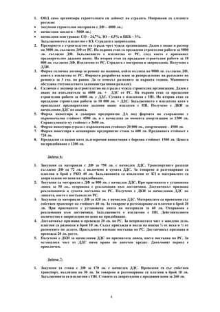 1. ООД само организира строителната си дейност на сградата. Направени са следните
разходи:
• закупени строителни материали с ДФ – 4000 лв.;
• начислени заплати – 5000 лв.;
• начислени осигуровки: СО – 24,7%, ЗО – 4,5% и ПКБ – 3%.
Задължението е изплатено с КЗ. Сградата е заприходена.
2. Предприето е строителство на сграда чрез чужда организация. Даден е аванс в размер
на 3000 лв. съгласно ДФ от РС. На първия етап са предадени строителни работи за 5000
лв. съгласно ДФ. Задължението е изплатено от РС, след което е прихванат
предварително дадения аванс. На втория етап са предадени строителни работи за 10
000 лв. съгласно ДФ. Изплатено от РС. Сградата е построена и заприходена. Получено е
ДДИ.
3. Фирма сключва договор за ремонт на машина, който възлиза на 9000 лв. съгласно ДФ,
която е изплатена от РС. Фирмата разработва план за разпределение на разходите по
ремонта за 3 год. по равно. Да се отнесът разходите за първата година. Машината
обслужва счетоводството (административни разходи).
4. Сключен е договор за строителство на сграда с чужда строителна организация. Даден е
аванс на изпълнителя за 4000 лв. + ДДС от РС. На първия етап са предадени
строителни работи за 6000 лв. с ДДС. Сумата е изплатена с ПН. На втория етап са
предадени строителни работи за 10 000 лв. + ДДС. Задължението е изплатено като е
приспаднат предварително дадения аванс изплатен с ПН. Получено е ДКИ за
начисления ДДС по аванса.
5. Фирма инвестира в дъщерно предприятие ДА под формата на съоръжение с
първоначална стойност 4500 лв. и с начислена до момента амортизация за 1500 лв.
Справедливата му стойност е 3600 лв.
6. Фирма инвестира сграда с първоначална стойност 20 000 лв., амортизация – 4500 лв.
7. Фирма инвестира в асоциирано предприятие стоки за 600 лв. Продажната стойност е
720 лв.
8. Продадени са акции като дългосрочни инвестиции с борсова стойност 1500 лв. Цената
на придобиване е 1200 лв.
Задача 6:
1. Закупени са материали с ДФ за 750 лв. с начислен ДДС. Транспортните разходи
съгласно ДФ са 72 лв. с включено в сумата ДДС. За товарене и разтоварване са
платени в брой с РКО 40 лв. Задълженията са изплатени от КЗ и материалите са
заприходени по цена на придобиване.
2. Закупени са материали с ДФ за 800 лв. с начислен ДДС. При приемането е установена
липса за 50 лв., отправена е рекламация към доставчика. Доставчикът признава
рекламацията и сумата постъпва по РС. Получено е ДКИ за начисления ДДС по
липсата, което е постъпило по РС.
3. Закупени са материали с ДФ за 420 лв. с начислен ДДС. Материалите са превозени със
собствен транспорт на стойност 40 лв. За товарене и разтоварване са платени в брой 20
лв. При приемането е установена липса на материали за 60 лв. Отправена е
рекламация към доставчика. Задължението е изплатено с ПН. Действителното
количество е заприходено по цена на придобиване.
4. Доставчикът признава и превежда 20 лв. по РС. За непризнатата част е заведено дело,
платени са разноски в брой 10 лв. Съдът присъжда в полза на ищеца ½ от иска и ½ от
разноските по делото. Присъденото вземане постъпва по РС. Доставчикът признава и
превежда 20 лв. ресто.
5. Получено е ДКИ за начисления ДДС по признатата липса, което постъпва по РС. За
останалата част от ДДС няма право на данъчен кредит. Данъчният период е
приключен.
Задача 7:
1. Закупени са стоки с ДФ за 170 лв. с начислен ДДС. Превозени са със собствен
транспорт, възлизащ на 30 лв. За товарене и разтоварване са платени в брой 10 лв.
Задълженията са изплатени с ПН. Стоките са заприходени с продажни цени за 260 лв.
4
 