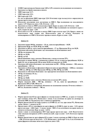 • 10 000 € при централен банков курс 2,00 и 1,95 в момента на възникване на вземането.
9. Закупени са в брой и внесени в касата:
• 1000 $ при курс 2,17;
• 1500 $ при курс 2,21;
• 500 $ при курс 2,25.
От тях са продадени 2000 $ при курс 2,24. Отчетният курс на валутата е определена по
средна претеглена стойност.
10. Изплатено задължение към доставчика за 2000 €. При възникване на задължението
курса е 1,97. Курса на деня е 1,96. Отчетен – 1,93.
11. Закупени са стоки за 3000 $, изплатени в брой. Курса за деня е 2,23. Отчетен – 2,20.
12. Вземане от клиент е постъпило по РС – 3000 $. При възникване на вземането курса е
2,25, а курса на деня – 2,20.
13. Изтеглени са от РС и внесени в касата 2000 $ при отчетен курс 2,16. Броен е аванс на
подотчетното лице същия ден. Подотчетното лице се отчита. Разходите за
командировка са 1500 $. Остатъкът връща в касата. Курса за деня – 2,20.
Задача 14:
1. Закупени акции 100 бр., номинал – 10 лв., цена на придобиване – 10,50.
2. Продадени 50 бр. по 10,30, 50 бр. по 10,80.
3. Закупени са 100 гр. злато, цена на придобиване – 17 лв. Продадени 20 гр. по 18,20.
4. Изкупени собствени облигации с цел погасяване на облигационен заем:
• 100 бр. по номинал 10;
• 200 бр. по 10,50;
• 500 бр. по 9,8.
Облигационният заем е погасен. Начислена е лихва и платени 25%.
5. Закупени са акции 300 бр. с номинална стойност 10 лв. и цена на придобиване 10,50 за
брой. От тях са продадени 150 по цена 10,20 и останалите по 10,90.
6. Закупени собствени облигации с цел намаление на ОК – 250 бр., номинал – 100, цена на
придобиване – 105 лв.
7. Закупени са облигации от фондовата борса по цена на придобиване – 1200лв. с номинал
– 1000 лв., 600 бр. по 1200. Продадени 300 бр. по 500, 300 бр. по 1650.
8. Изкупени са собствени облигации с цел предсрочно погасяване на облигационен заем:
• 150 бр. по номинал 10 лв.;
• 250 бр. по 9,75;
• 300 бр. по 10,80.
Облигационният заем е погасен. Начислена и платена 20% лихва.
9. Фирма закупува ДЦК – 500 бр., номинал – 10 лв., цена на придобиване – 9,75.
Продадени 200 по 9,80, 300 по 11.
10. В края на годината е извършена обезценка на скъпоценни камъни. Отчетна стойност –
850 лв., балансова стойност – 780 лв.
Задача 15:
1. Фирма предоставя КЗ на друга фирма за текущи нужди за 5000 лв., за срок от 6 месеца
при годишна лихва 14%. Начислена е лихва. След изтичане на срока по договора са
погасени 4800 лв. Останалата част е минала в просрочие.
2. Фирма предоставя КЗ на свой служител за 10 000 лв. за 1 год. при лихва 9%. Начислена
лихва. Заемът + лихвата по РС.
3. Предоставен е КЗ от една фирма на друга фирма за 10 000 $, курс за деня – 2,15, среден
претеглен курс – 2,08. Срок – 1 месец, лихва – 500 $. След изтичането на срока заемът и
лихвата са изплатени. Курс за деня – 2,10 $.
4. Даден е аванс за командировка 100 $ при среден претеглен курс – 2,10. Подотчетното
лице закупува материали за 60 $ с начислен ДДС, курс за деня – 2,15. Остатъкът връща
в касата.
5. Фирма предоставя на друга фирма КЗ за срок 1 месец в размер на 2000 $. Курс на деня
– 1,80. Отчетен курс на валутата – 1,75. Начислена е лихва при %-та. След изтичане на
срока фирмата изплаща заема като курса на деня е 1,82.
8
 