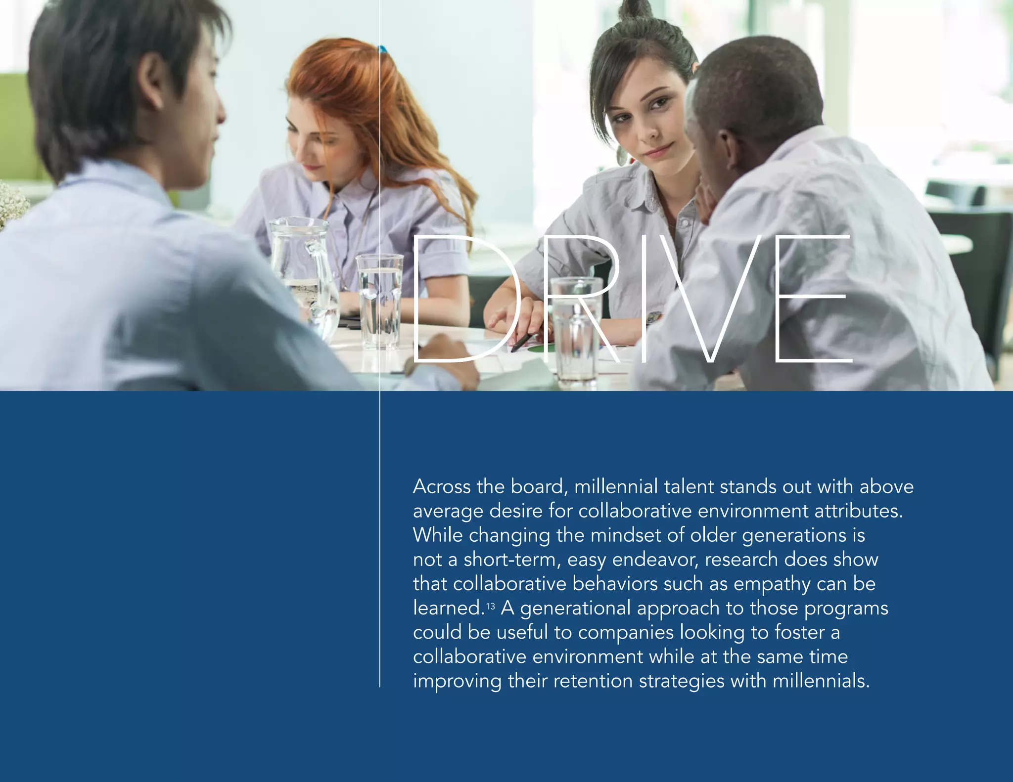 Across the board, millennial talent stands out with above
average desire for collaborative environment attributes.
While changing the mindset of older generations is
not a short-term, easy endeavor, research does show
that collaborative behaviors such as empathy can be
learned.13
A generational approach to those programs
could be useful to companies looking to foster a
collaborative environment while at the same time
improving their retention strategies with millennials.
DRIVE
 