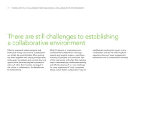/11
Effective teamwork makes everyone look
better, but change can be hard. Collaboration
can initially be uncomfortable. When putting
top talent together with varying arrangements,
workers can be resistant and overlook learning
opportunities because they feel competitive
with each other. But if workers can adjust to
the culture of collaboration, the benefits can
be extraordinary.
There are still challenges to establishing
a collaborative environment
THERE ARE STILL CHALLENGES TO ESTABLISHING A COLLABORATIVE ENVIRONMENT
While 53 percent of organizations are
confident that collaboration is having a
positive and tangible impact, a significant
minority (20 percent) isn’t convinced. Part
of this may be due to the fact that making a
major commitment to collaborative working
and effective teamwork is a new challenge
for many organizations.1
And, companies
whose culture fosters collaboration may not
be effectively tracking the impact on top
collaborators and the risk of having them
experience burnout, lower engagement,
and attrition due to collaboration overload.
 